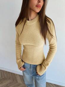Aloruh 新品上市立领修身时尚街头装保暖无缝长袖修身毛衣 - 杏色 - 查看 6