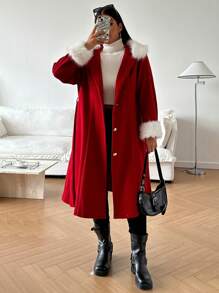 Plus Size Women Red Colorblock Hooded Elegant Christmas Overcoat Outerwear, Warm Outdoor Clothes For New Year Clothes - Red - View 6