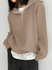 DAZY 休闲日常半拉链宽松针织毛衣，秋冬 - 摩卡棕 - 查看 5