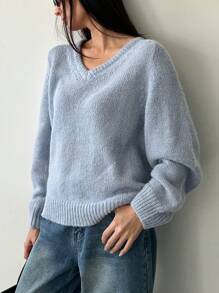 Dazy-Less Women's Plain V-Neck Knitted Sweater, Casual For Autumn/Winter,Fall Women Clothes - Blue - View 4