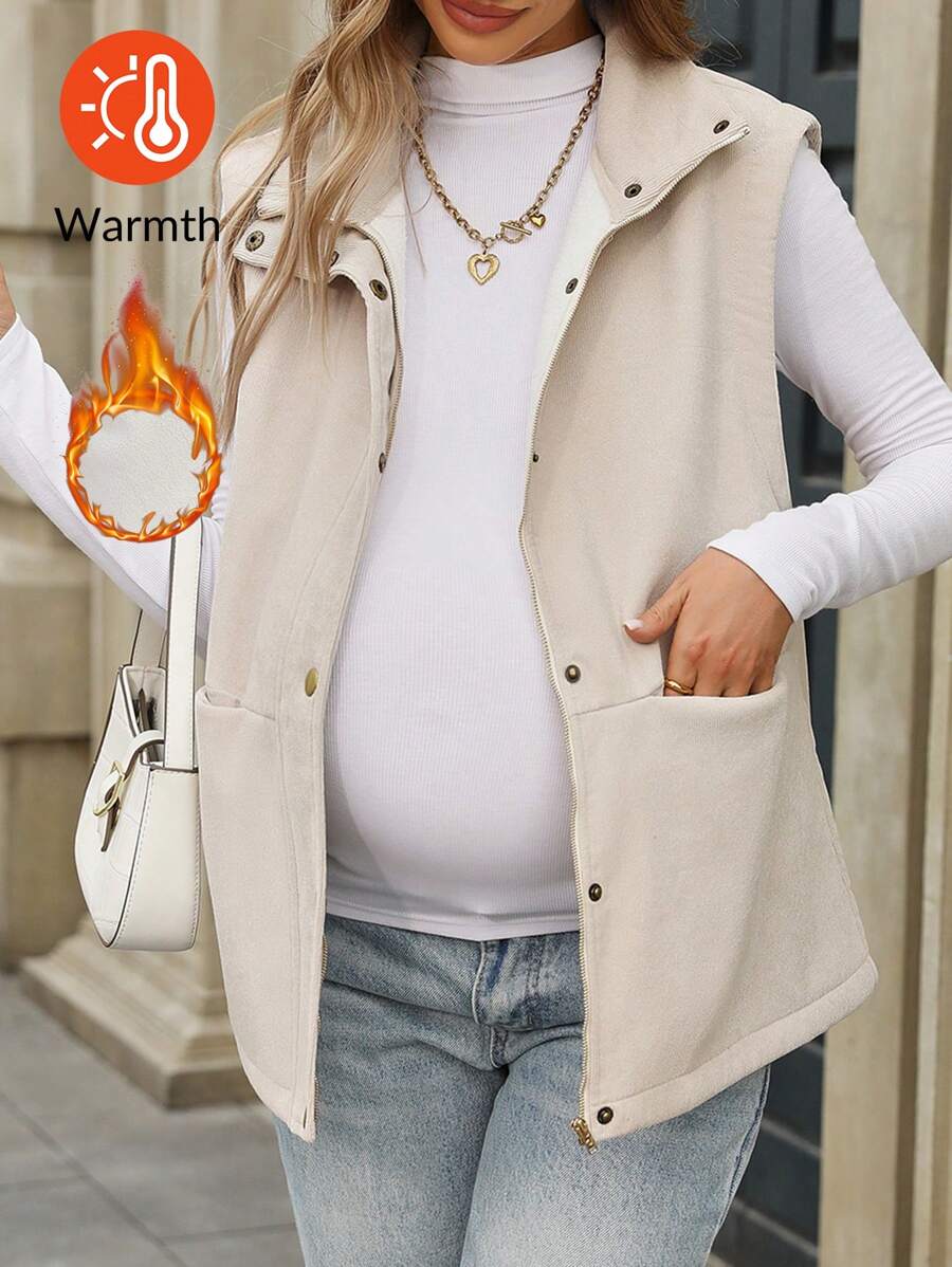 SHEIN Maternity Snap Button Up Padded Vest Coat Without Tee, Women Winter Outerwear & Jacket For Pregnant - Apricot - View 1