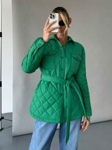 SHEIN Essnce Women Forest Green Padded Coat With Belt,Winter Casual Occasion Quilted Jacket,Warm Long Fleece Shacket,Windbreaker Outwear, Fall Clothes - Green - View 4