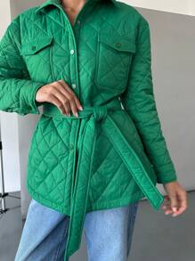 SHEIN Essnce Women Forest Green Padded Coat With Belt,Winter Casual Occasion Quilted Jacket,Warm Long Fleece Shacket,Windbreaker Outwear, Fall Clothes - Green - View 8