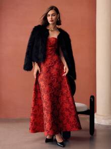 MOTF PREMIUM EMBROIDERY FLORAL PATTERN FLARE HEM BUSTIER TUBE LONG DRESS - Red - View 5