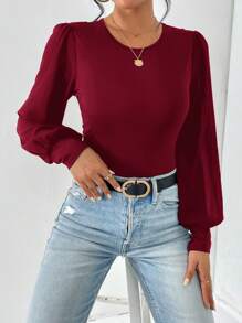 SHEIN Essnce 1 件女式纯色圆领灯笼袖休闲时尚紧身衣 - 酒紅色 - 查看 6