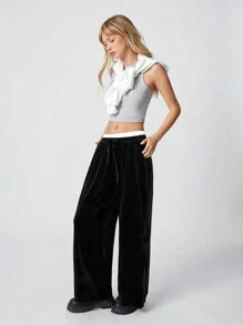 SHEIN EZwear 女士 Air Layer 休闲贴布细节阔腿七分裤 - 黑色 - 查看 7