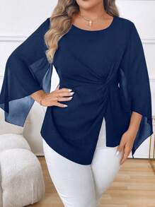Celure Blusa transparente de cuello redondo, manga larga, cintura fruncida y bajo asimétrico para mujer - Azul Marino - Ver 6