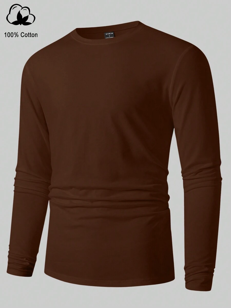 Manfinity Homme Men's Solid Color Round Neck Long Sleeve Casual T-Shirt, For Fall - Coffee Brown - View 1