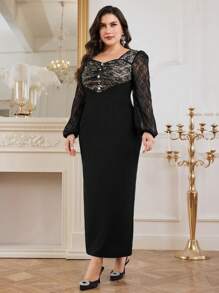 Modelyn Plus Size Solid Color Lace Patchwork Sweetheart Neck Elegant Long Sleeve Dress Long Evening Dresses - Black - View 7