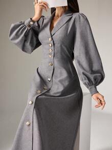 Heiryn Vestido largo de mujer de mangas farol, botones frontales y unicolor elegante, para otoño - Gris - Ver 5