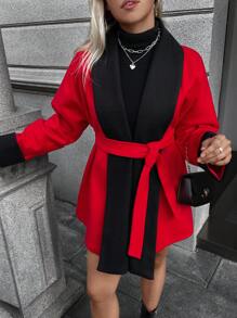 SHEIN Clasi 女士撞色翻领长袖休闲夹克，秋冬保暖 - 紅色 - 查看 1