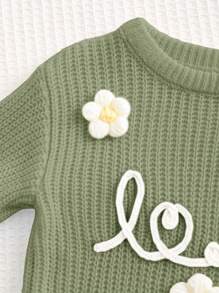 Cozy Pixies Baby Girl Letter Print Ruffled Crew Neck Long Sleeve Pullover Sweater,In Fall/Winter - Green - View 6