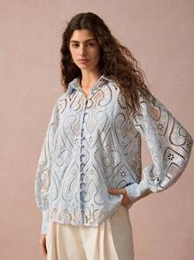 Enchnt Women Light Blue Hollow-Out Embroidered Raglan Sleeve Single-Breasted Blouse,Summer Elegant Tea Party Long Sleeve Top,Christmas New Year Wear - Blue - View 5