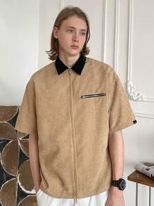 Manfinity VCAY Men's Woven Fashionable Casual Young Zip-Up Long Sleeve Shirt