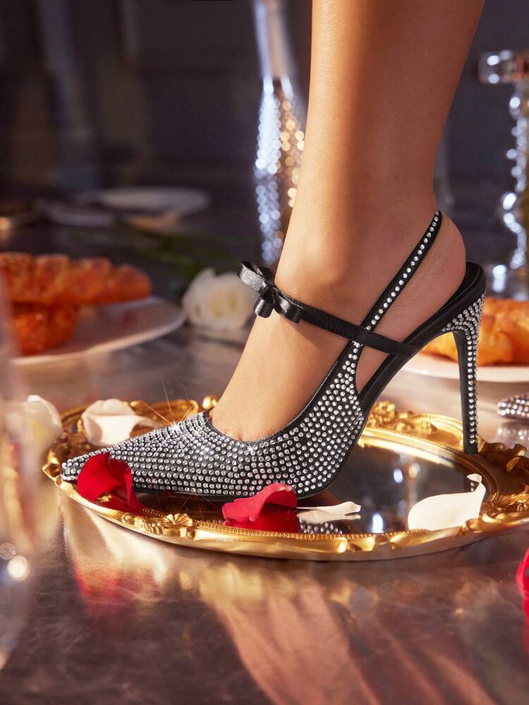 CUCCOO SZL Black Pointy Toe Rhinestone Decorated Stiletto High Heels For Women Spring Shoes Spring Break Easter Prom Heels