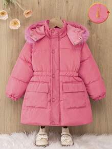 Cappotto con cappuccio e cerniera, con collo rimovibile in pelliccia, imbottito, abbigliamento di moda per uso all'aperto, viaggi, feste di compleanno, adatto con qualsiasi pantalone e top, adatto per bambine dai 4 ai 7 anni