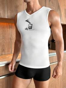 Men's V-Neck Letter & Graphic Print Tight Sleeveless Base Layer Top - White - View 3