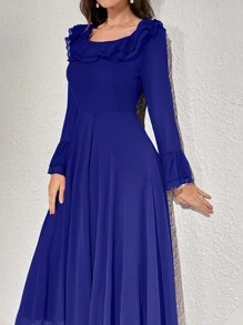 Modelyn Vestido de mujer de unicolor elegante con mangas acampanadas y volantes en el bajo, vestido largo de noche de otoño para mujer - azul real - Ver 7