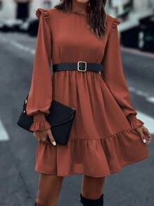 SHEIN LUNE Vestido elegante de manga larga con volantes y dobladillo de volantes de color liso para mujer, otoño