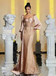 Glamrae Elegant & Luxurious Champagne Long Sleeve Satin Patchwork Embroidered Lace Sequin Mermaid Dress With Side Ruffles, Sexy Open Back With Tie, Suitable For Weddings, Parties, Galas, Formal Events (Heavily Embellished), Prom Evening Gown, For Wedding Guest, Graduation, Dinner, Party Dress - Champagne - View 6