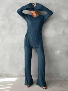EURMUSE Cotton Solid Split Hem Tee & Flare Leg Pants - Teal Blue - View 5