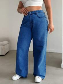 SHEIN Cottnline 100%Cotton HIGH RISE STRAIGHT CUT PLUS SZIE WOMEN JEAN - Medium Wash - View 5