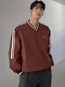 DAZY Men's Striped Patchwork Logo Pullover Hoodie, Autumn - Red - View 9