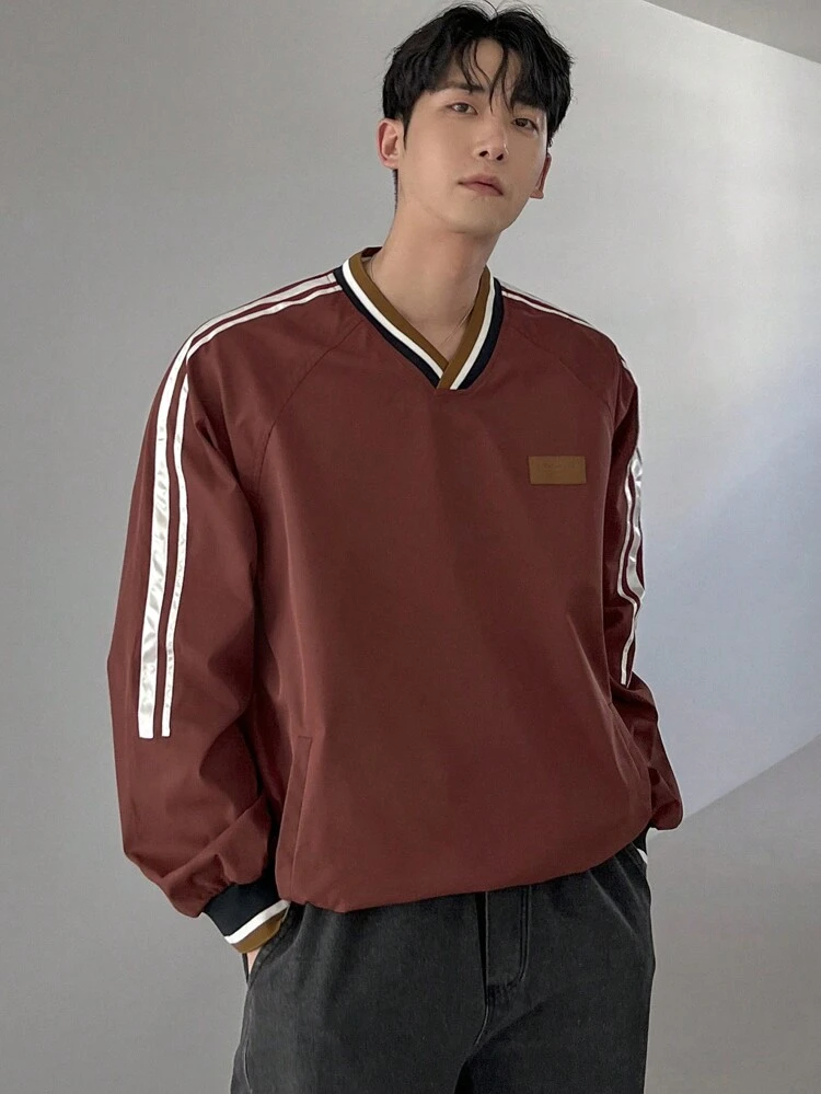 Men's Striped Patchwork Logo Pullover Sweatshirt, Autumn