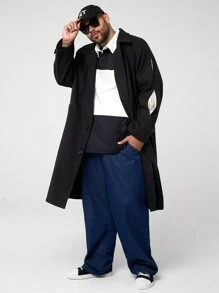 Manfinity VCAY 大码男士休闲宽松保暖长袖大衣，冬季外出时尚黑色大衣，适合朋友、丈夫、男朋友的礼物 - 黑色 - 查看 4