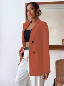 Chiquease Áo khoác blazer cổ ve màu trơn tối giản giản dị dành cho nữ có nút trang trí - trái cam - Xem 3