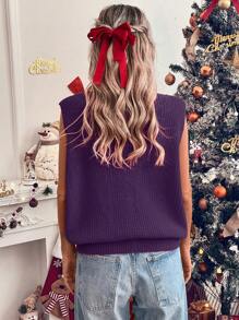 SHEIN LUNE Rote ärmellose gestrickte Weste mit Stickerei für Frauen - Violett - Übersicht 2