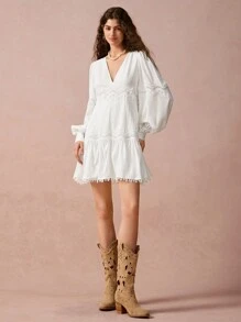 Enchnt New Winter Products,Women Grace Casual Solid Color V-Neck Lantern Sleeve Lace Splice Mini Dress, Long Sleeve Dress, Winter Women's Clothing,New Years Dress