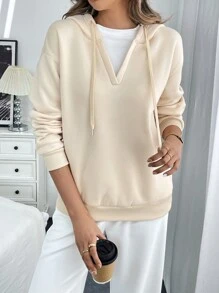 SHEIN LUNE Sweatshirt Hoodie Longgar Kasual Wanita dengan Tali Serut, Desain 2 in 1, Hoodie untuk Awal Musim Dingin dan Musim Gugur - Aprikot - View 5