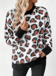SHEIN LUNE Women Leopard Print Crew Neck Drop Shoulder Long Sleeve Casual Sweater, Autumn/Winter, Knit Pullover Fall - Coffee Brown - View 4