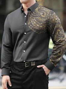 Manfinity AFTRDRK Men's Button Front Long Sleeve Printed Casual Top, Everyday Wear - Grey - View 3