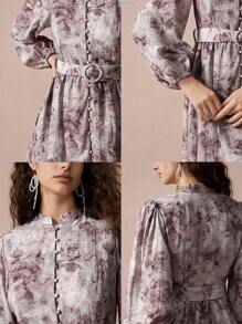 Enchnt 女士花卉扎染印花立领灯笼袖单排扣优雅连衣裙，春/秋 - 白色 - 查看 8