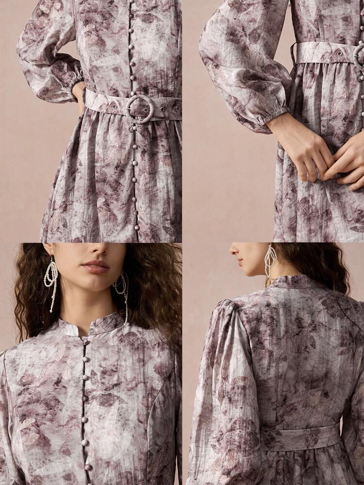 Women Floral Tie Dye Print Stand Collar Lantern Sleeve Single Breasted Elegant Dress, Spring/Autumn