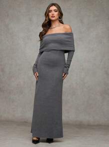SHEIN BAE Women's Grey Off-Shoulder Long Sleeve Thermal Knitted Sweater Dress,Gray,Autumn,Elegant,Dinner Date,Fall Winter Clothes,Christmas New Year Eve Party - Grey - View 5