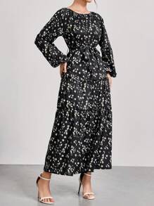 Mulvari Casual Elegant Ditsy Floral Print Cinched Waist Lantern Sleeve Modest Long Sleeve Dress, Autumn