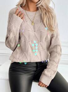 SHEIN LUNE Women Solid Color Sequins Detail Elegant Knitted Sweater, Suitable For Autumn/Winter Fall - Grey - View 6