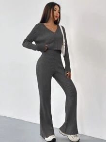 SHEIN EZwear Autumn And Winter 2pcs/Set Women V-Neck Button Decor Contrast Color Long Sleeve Top And Knitted Long Pants Sweater Suit - Dark Grey - View 4