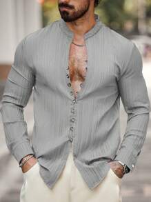 Manfinity Homme 男士纯色长袖单排扣休闲宽松衬衫，秋季 - 灰色 - 查看 1