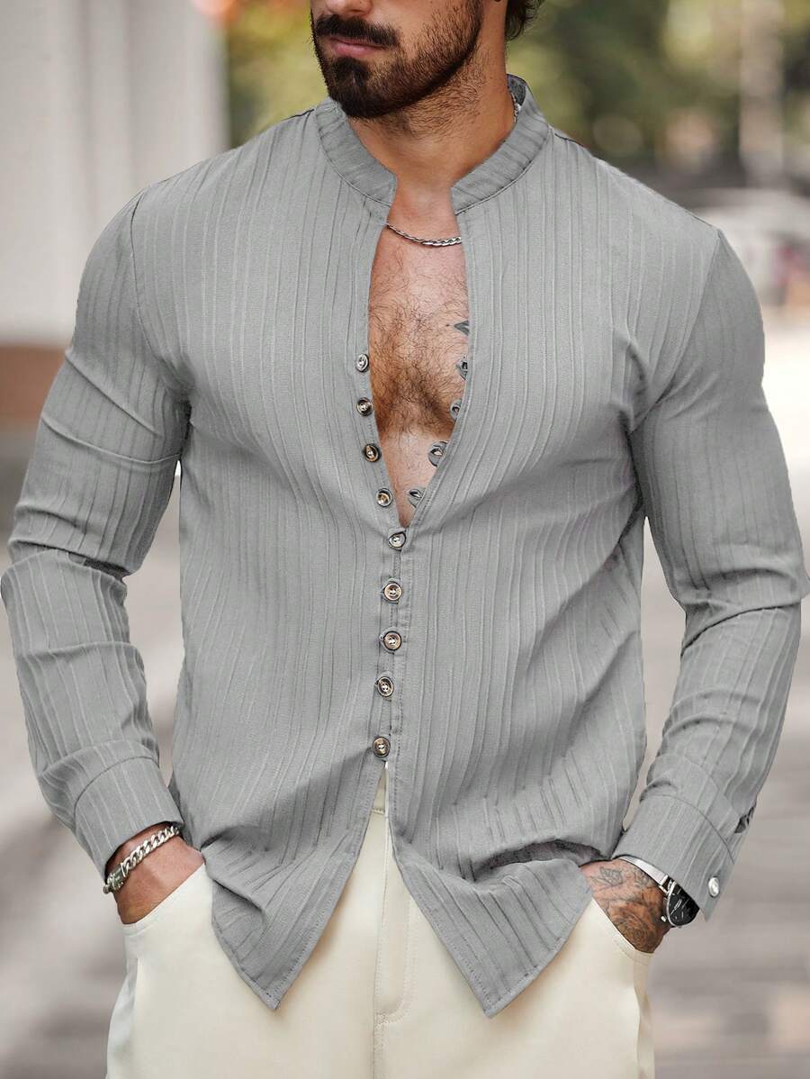 Manfinity Homme 男士纯色长袖单排扣休闲宽松衬衫，秋季 - 灰色 - 查看 1