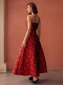 MOTF PREMIUM EMBROIDERY FLORAL PATTERN FLARE HEM BUSTIER TUBE LONG DRESS - Red - View 8