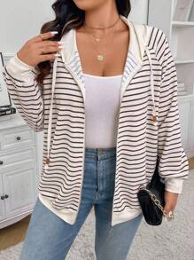 Calvaya Women Plus Size Striped Raglan Long Sleeve Drawstring Hooded Casual Sweatshirt, Autumn - Apricot - View 1