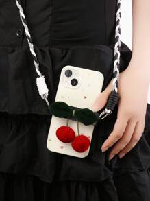 ROMWE Kawaii 1 pieza Correa de teléfono desmontable con oso de peluche de dibujos animados lindo y cereza bicolor, correa de hombro cruzada para mujeres, niñas, estudiantes, uso diario, regalo de vacaciones