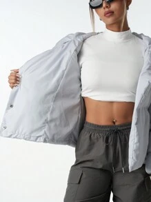 SHEIN 少女 2024 秋冬新款休闲街头风保暖短款棉服外套 - 灰色 - 查看 9