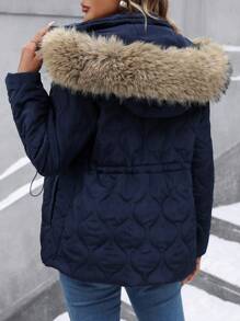 SHEIN Clasi 女士毛茸茸拼布抽绳腰休闲宽松连帽加厚棉服外套冬季衣服 - 藏蓝色 - 查看 2