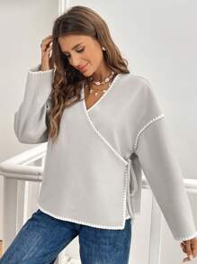 SHEIN Frenchy Veste croisée décontractée pour femmes en automne, avec blocs de couleurs et passepoil - Gris - Voir 8