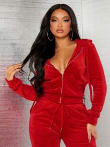 SHEIN SXY 女士休闲运动风格拉链蓬松红色运动衫，适合家居服、长袖上衣 - 紅色 - 查看 4